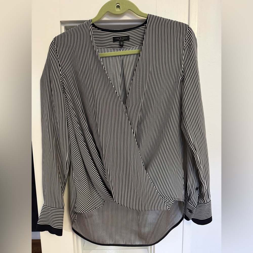 Rag & Bone Victor Blouse Womens S White Black Stripe High-Low Silk NWT Old Money